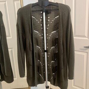 Pink Rose Olive Green Open Knit Lace-Up Back Cardigan Size L